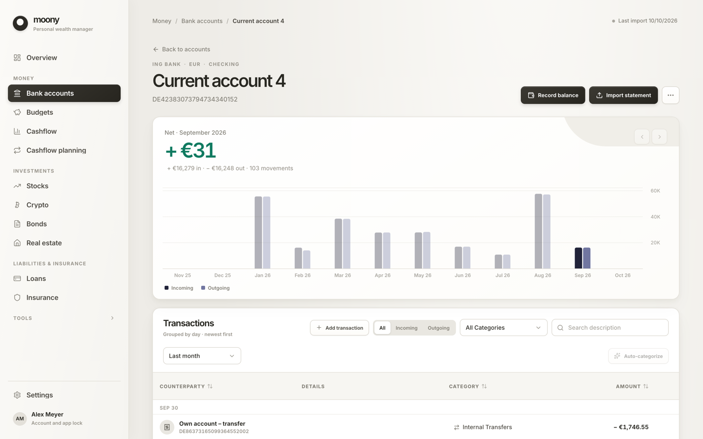 Bank account page with the balance, a 12-month chart of incoming and outgoing money and the start of the transaction ledger